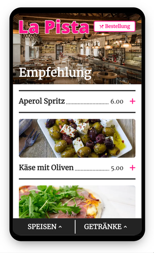 Menu in restaurant order app.